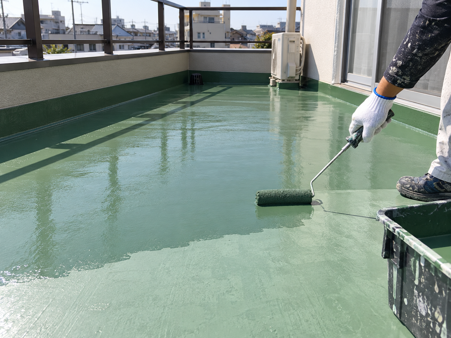 FRP防水の施工イメージ｜ベランダ床面に塗材を塗布する様子