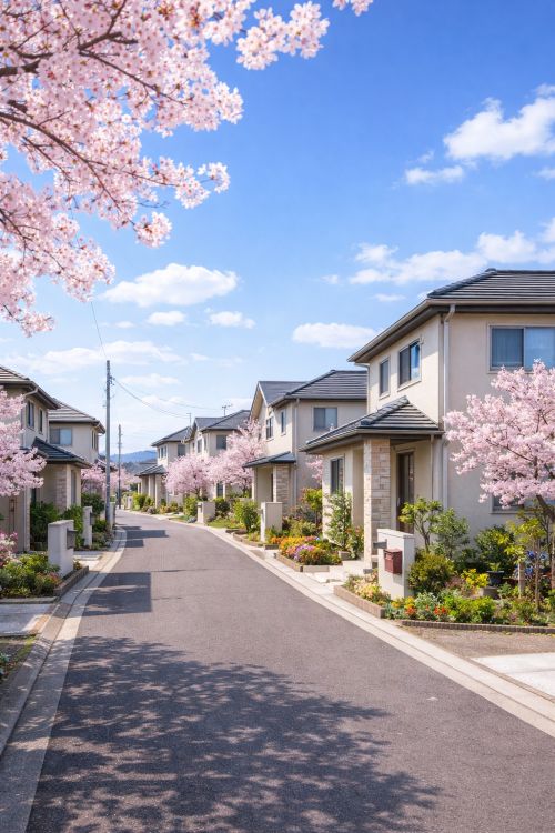 春の外壁塗装 桜 住宅街 愛西市